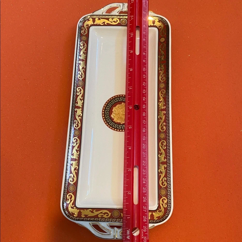 🌺Juno Fine Porcelain By Casa Elite Rectangular Tray - 12” Red and Gold
